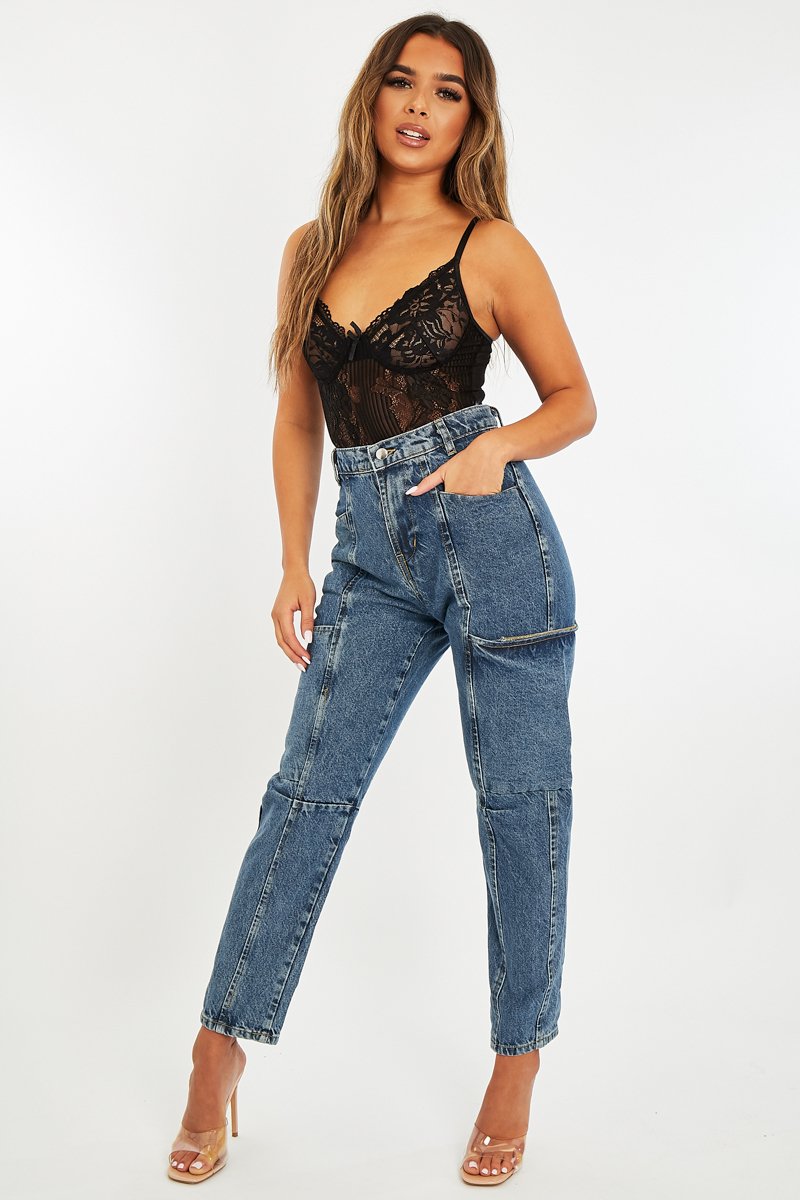 Mid Blue Wash Utility Mom Jeans - Lillis-Jeans