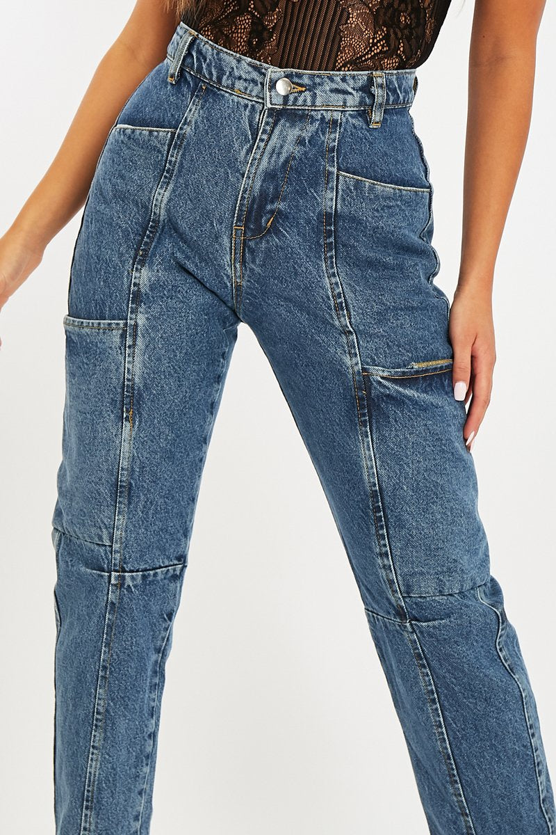 Mid Blue Wash Utility Mom Jeans - Lillis-Jeans