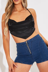 Mid Blue Zip Front Denim Hot Pant Shorts - Rhea-Shorts