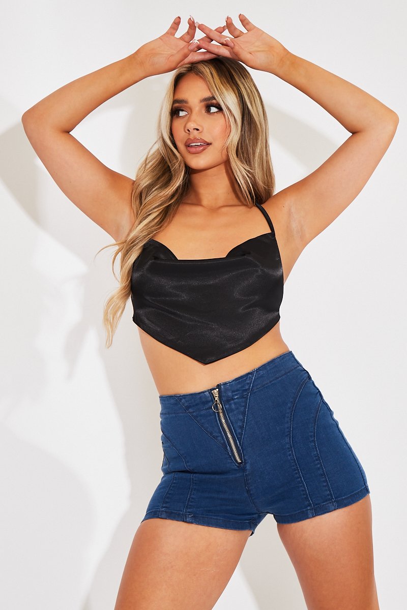 Mid Blue Zip Front Denim Hot Pant Shorts - Rhea-Shorts