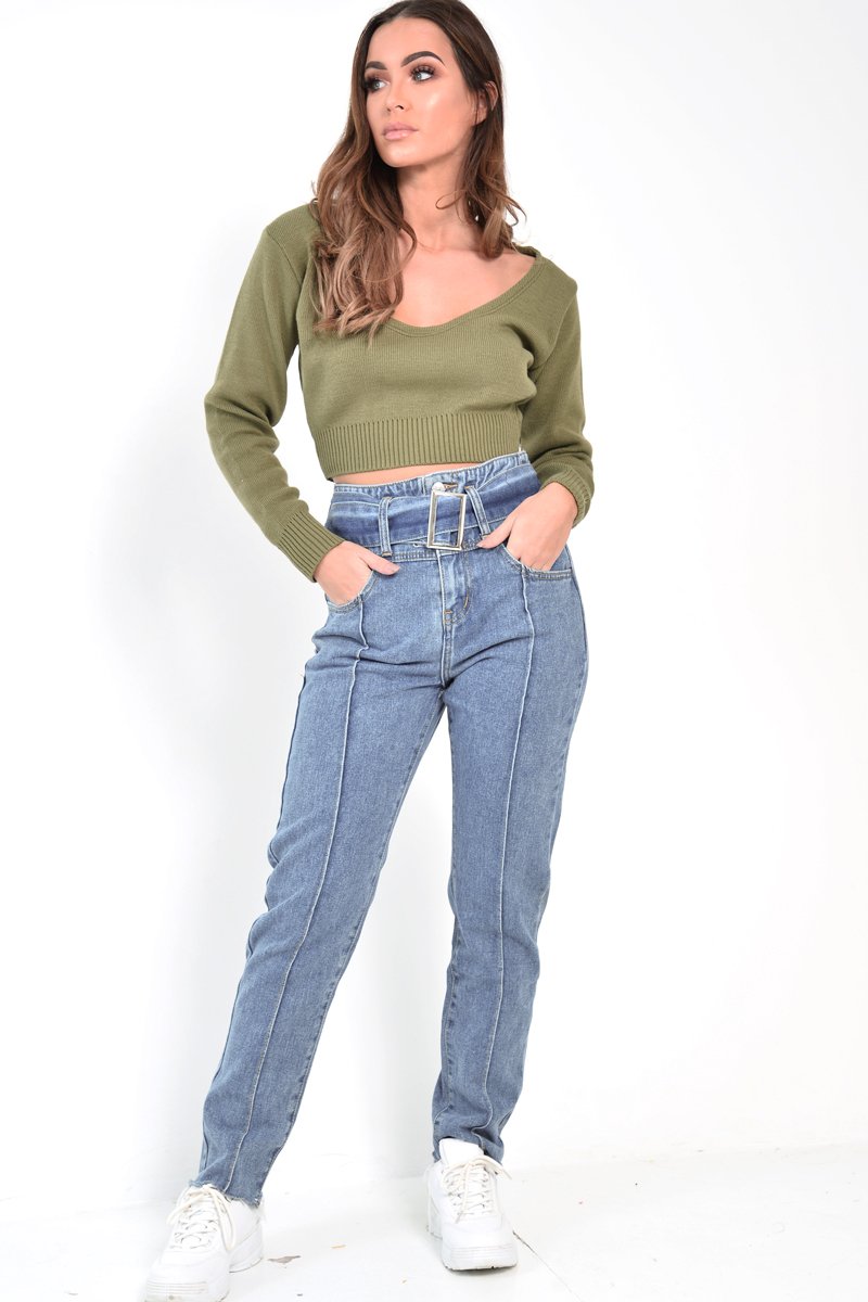 Mid Wash Belted Straight Leg Jeans - Crosley-Jeans