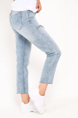 Mid Wash Blue Ripped Leg Straight Leg Jeans - Iviana-Jeans