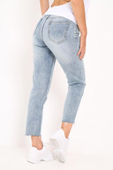 Mid Wash Blue Ripped Leg Straight Leg Jeans - Iviana-Jeans