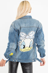 Mid Wash Cartoon Embroidered Denim Jacket - Liona-Denim Jackets