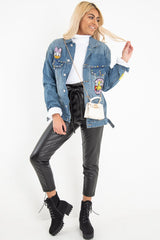 Mid Wash Cartoon Embroidered Denim Jacket - Liona-Denim Jackets