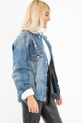 Mid Wash Cartoon Embroidered Denim Jacket - Liona-Denim Jackets