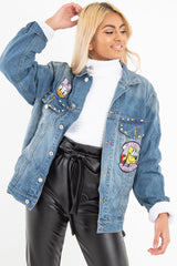 Mid Wash Cartoon Embroidered Denim Jacket - Liona-Denim Jackets