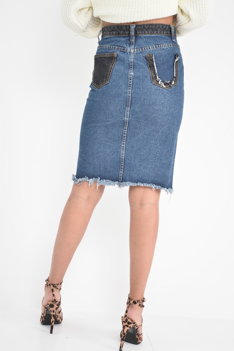 Mid Wash Charcoal Colour Block Frayed Skirt - Lidia-Skirts