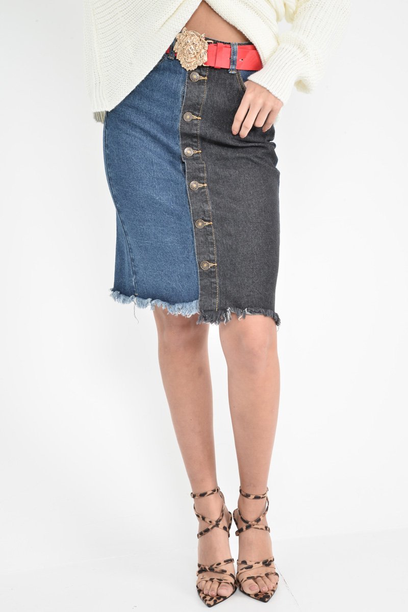 Mid Wash Charcoal Colour Block Frayed Skirt - Lidia-Skirts