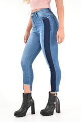 Mid Wash Colour Block Step Hem Jeans - Lianni-Jeans