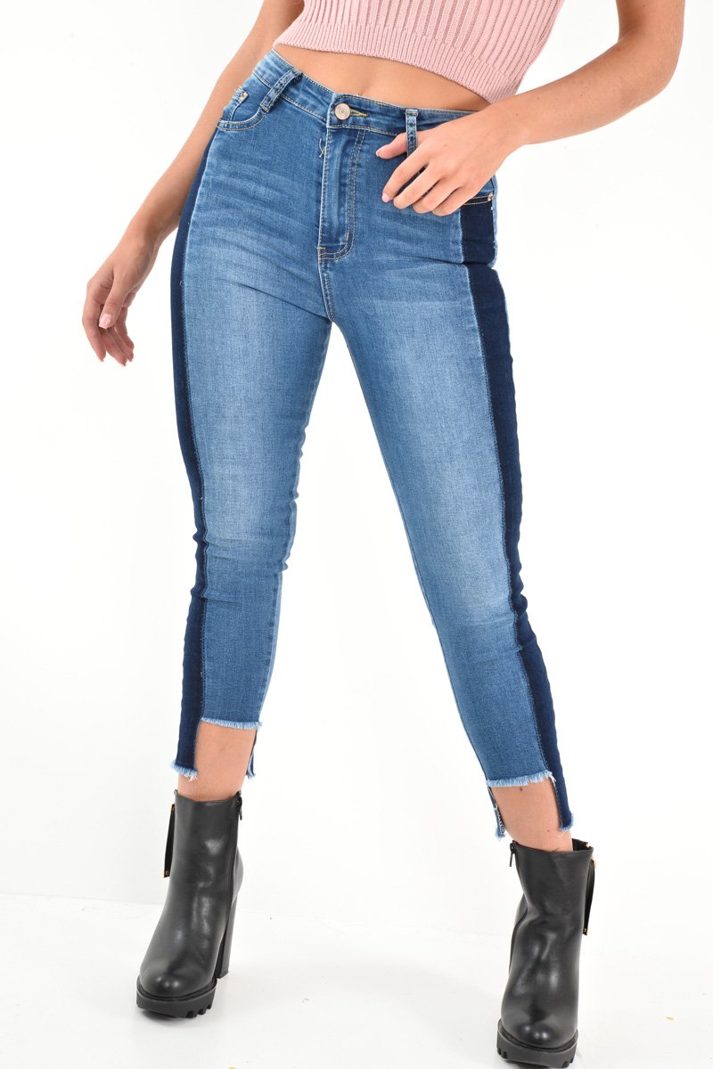Mid Wash Colour Block Step Hem Jeans - Lianni-Jeans