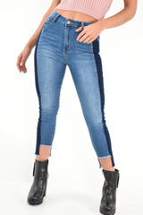Mid Wash Colour Block Step Hem Jeans - Lianni-Jeans