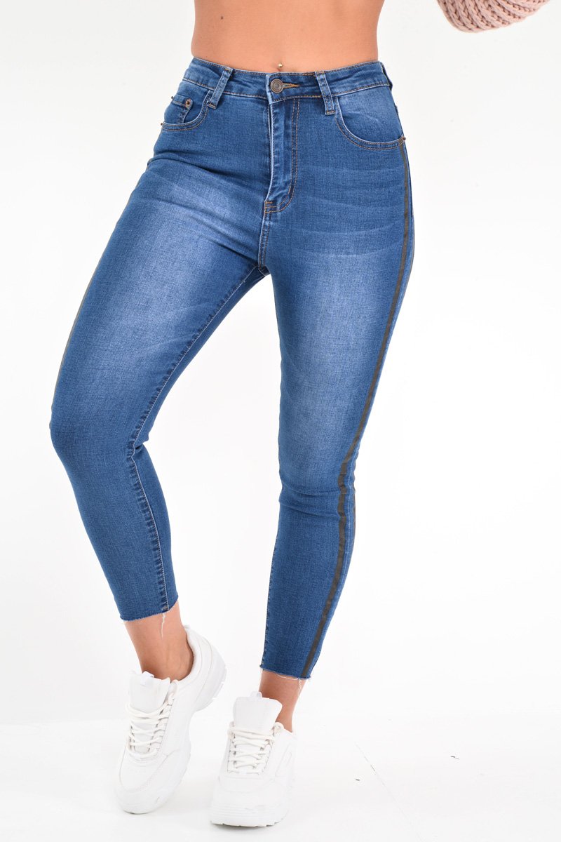 Mid Wash Contrast Stripe Skinny Jeans - Ezzie-Jeans