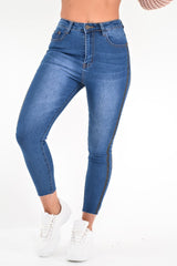 Mid Wash Contrast Stripe Skinny Jeans - Ezzie-Jeans