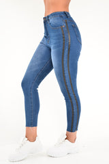 Mid Wash Contrast Stripe Skinny Jeans - Ezzie-Jeans