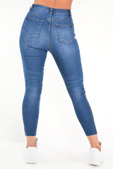 Mid Wash Contrast Stripe Skinny Jeans - Ezzie-Jeans