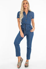 Mid Wash Denim Button Detail Boiler Jumpsuit - Casey-Jumpsuits