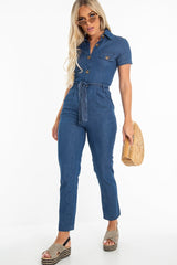 Mid Wash Denim Button Detail Boiler Jumpsuit - Casey-Jumpsuits