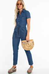Mid Wash Denim Button Detail Boiler Jumpsuit - Casey-Jumpsuits