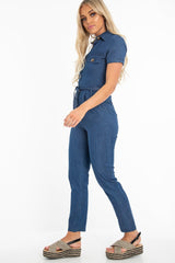 Mid Wash Denim Button Detail Boiler Jumpsuit - Casey-Jumpsuits