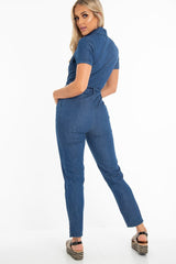 Mid Wash Denim Button Detail Boiler Jumpsuit - Casey-Jumpsuits