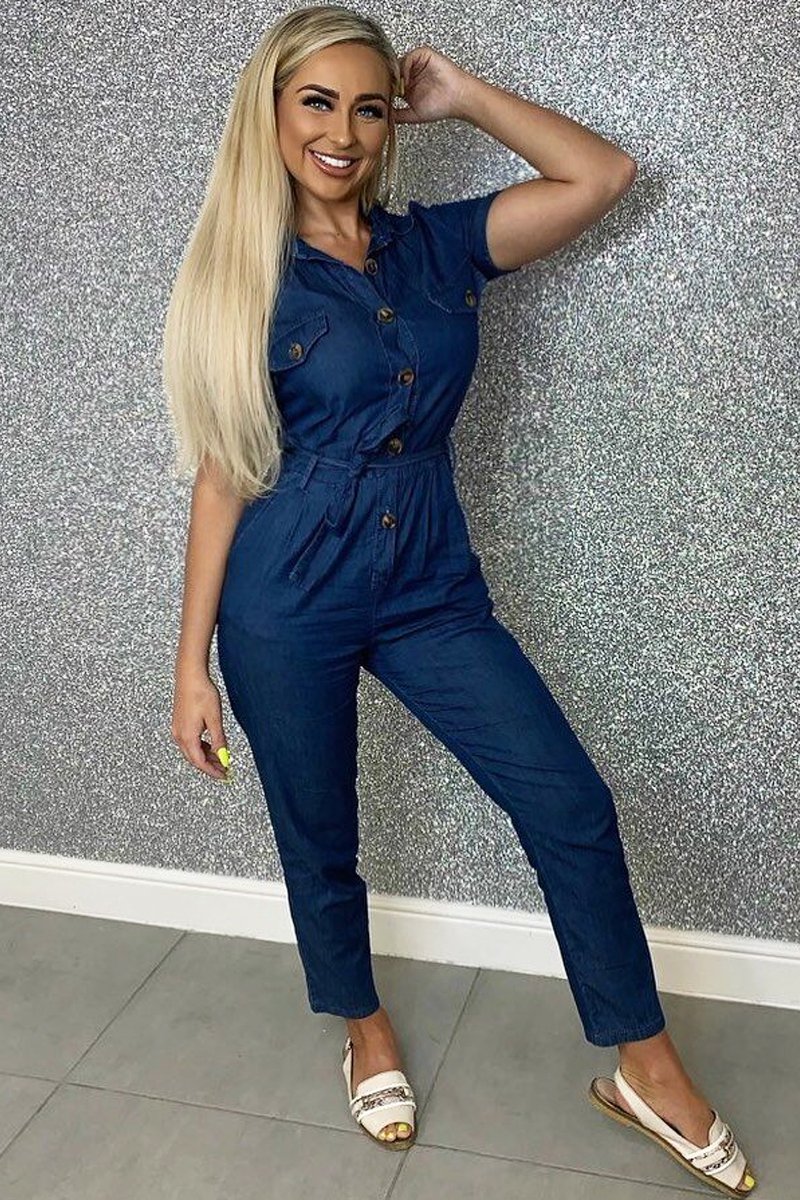 Mid Wash Denim Button Detail Boiler Jumpsuit - Casey-Jumpsuits