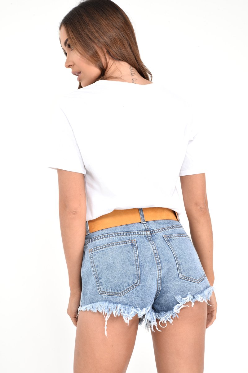 Mid Wash Denim Distressed High Waist Shorts - Kashton-Shorts