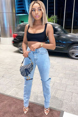 Mid Wash Denim Distressed Knee Extra Long Jeans - Ivelisse-Jeans