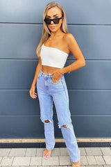 Mid Wash Denim Distressed Knee Extra Long Jeans - Ivelisse-Jeans