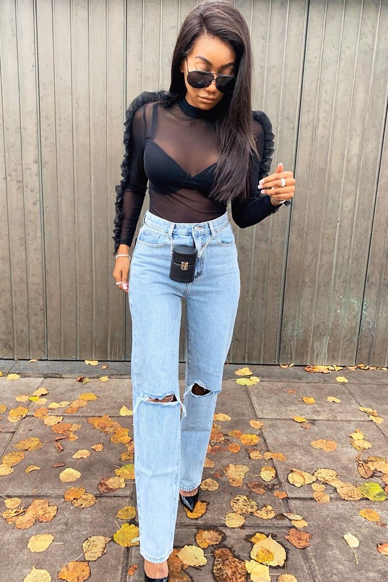 Mid Wash Denim Distressed Knee Extra Long Jeans - Ivelisse-Jeans