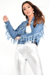 Mid Wash Denim Fray Detail Jacket - Nasya-Denim Jackets