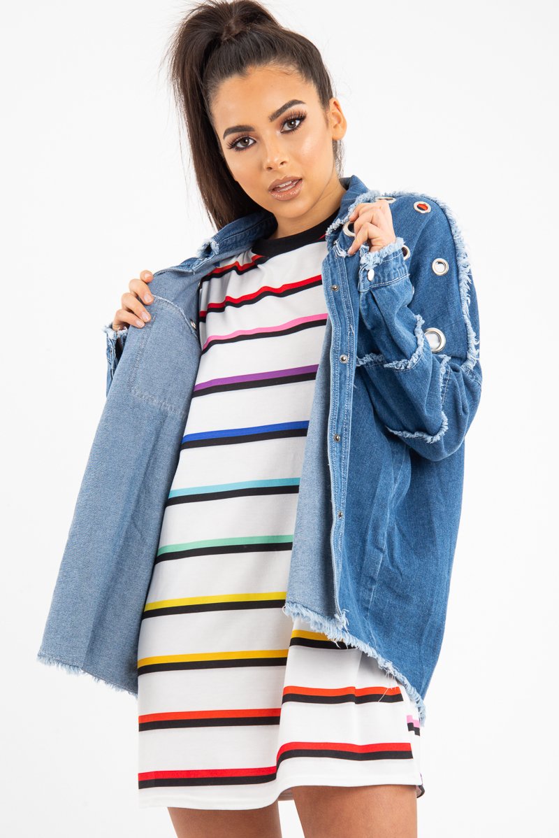 Mid Wash Denim Frayed Eyelet Detail Jacket - Daytona-Jackets