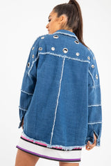 Mid Wash Denim Frayed Eyelet Detail Jacket - Daytona-Jackets