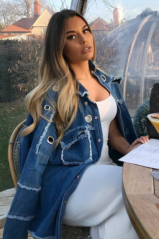 Mid Wash Denim Frayed Eyelet Detail Jacket - Daytona