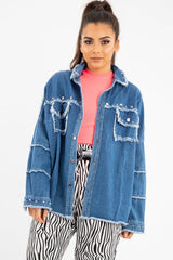Mid Wash Denim Frayed Studded Detail Jacket - Ashira-Jackets