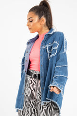 Mid Wash Denim Frayed Studded Detail Jacket - Ashira-Jackets