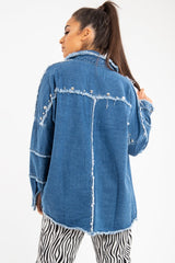 Mid Wash Denim Frayed Studded Detail Jacket - Ashira-Jackets