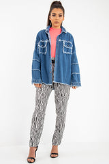 Mid Wash Denim Frayed Studded Detail Jacket - Ashira-Jackets