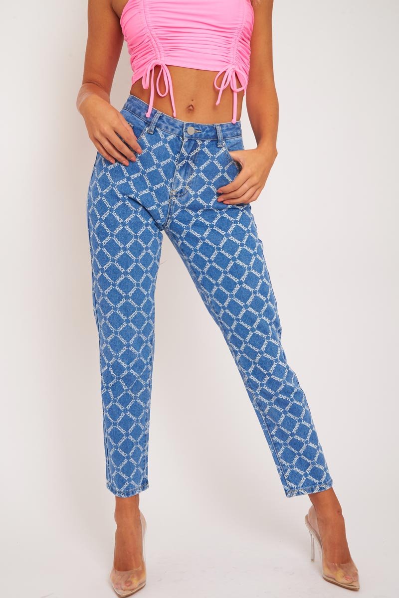 Mid Wash Denim Savage Slogan Print Mom Jeans - Clarisse-Jeans