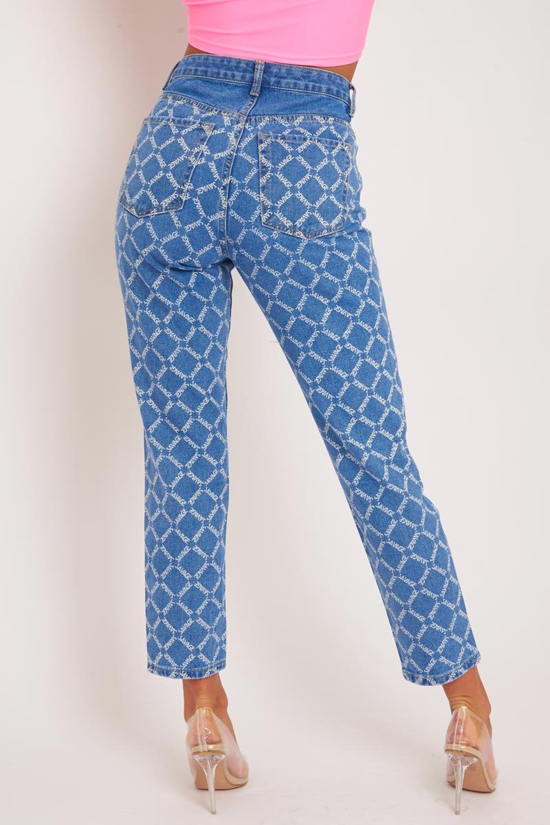 Mid Wash Denim Savage Slogan Print Mom Jeans - Clarisse-Jeans