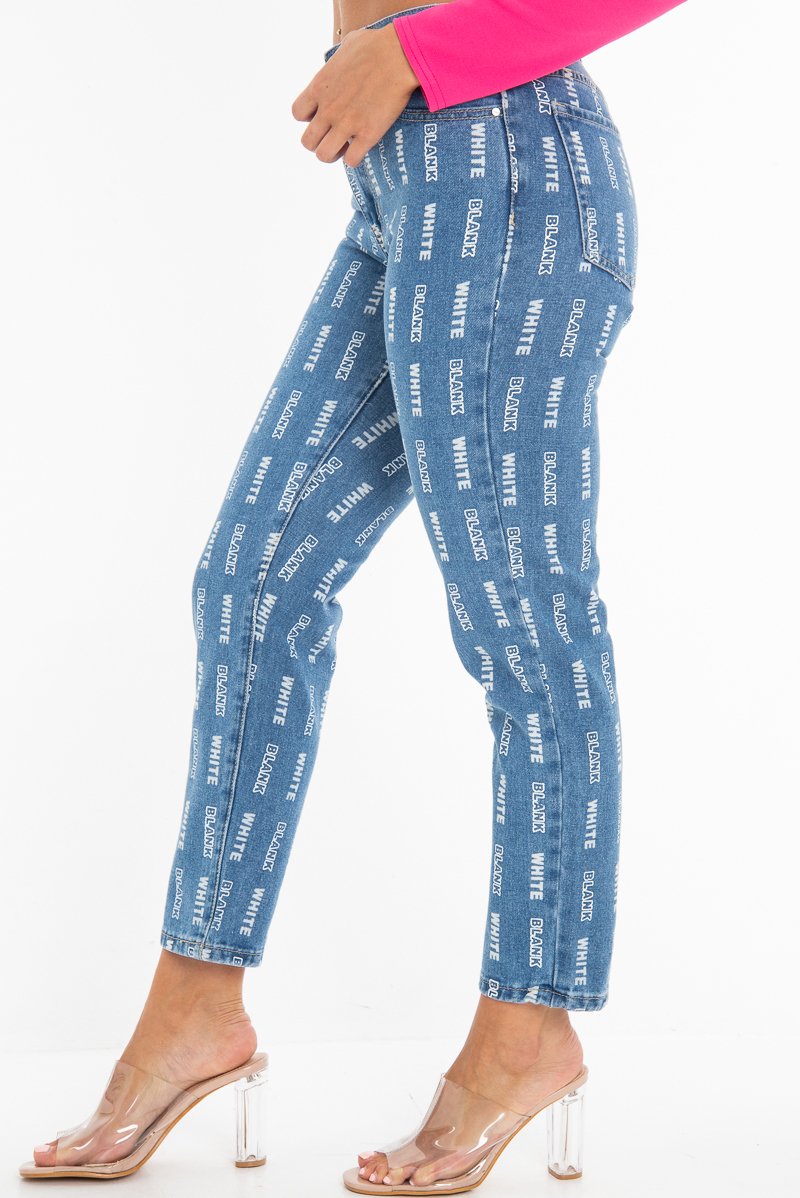 Mid Wash Denim White Blank Slogan Mom Jeans - Jordyn-Jeans