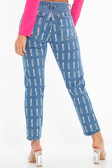 Mid Wash Denim White Blank Slogan Mom Jeans - Jordyn-Jeans