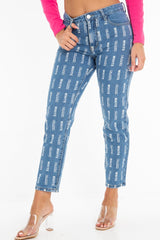 Mid Wash Denim White Blank Slogan Mom Jeans - Jordyn-Jeans