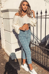 Mid Wash Denim White Blank Slogan Mom Jeans - Jordyn-Jeans