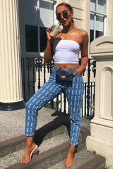 Mid Wash Denim White Blank Slogan Mom Jeans - Jordyn-Jeans