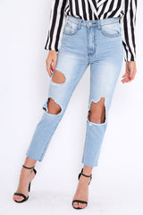 Mid Wash Extreme Open Knee Mom Jeans - Jessie-Jeans