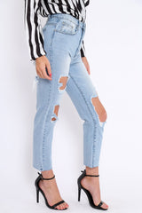 Mid Wash Extreme Open Knee Mom Jeans - Jessie-Jeans