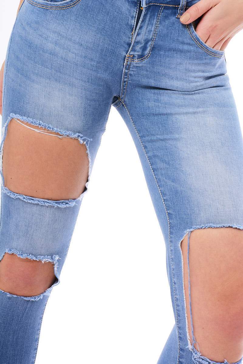 Mid Wash Extreme Ripped Skinny Denim Jeans - Brittnay-Jeans