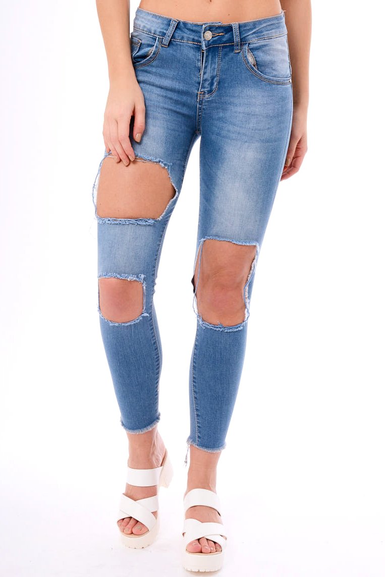 Mid Wash Extreme Ripped Skinny Denim Jeans - Brittnay-Jeans