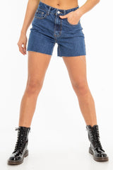 Mid Wash Raw Hem High Waist Denim Shorts - Atlanta-Shorts